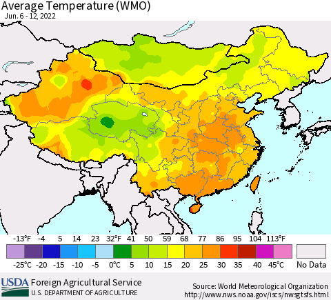 China, Mongolia and Taiwan Average Temperature (WMO) Thematic Map For 6/6/2022 - 6/12/2022
