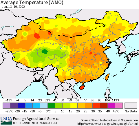 China, Mongolia and Taiwan Average Temperature (WMO) Thematic Map For 6/13/2022 - 6/19/2022