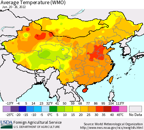 China, Mongolia and Taiwan Average Temperature (WMO) Thematic Map For 6/20/2022 - 6/26/2022