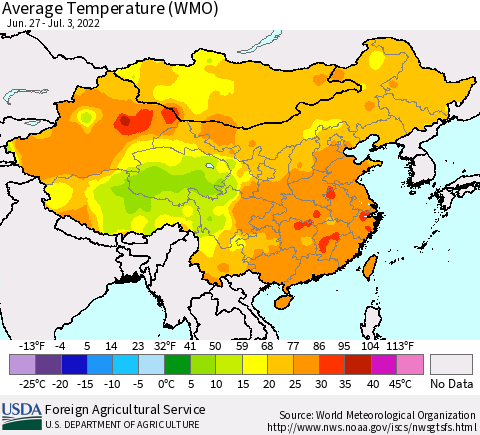 China, Mongolia and Taiwan Average Temperature (WMO) Thematic Map For 6/27/2022 - 7/3/2022