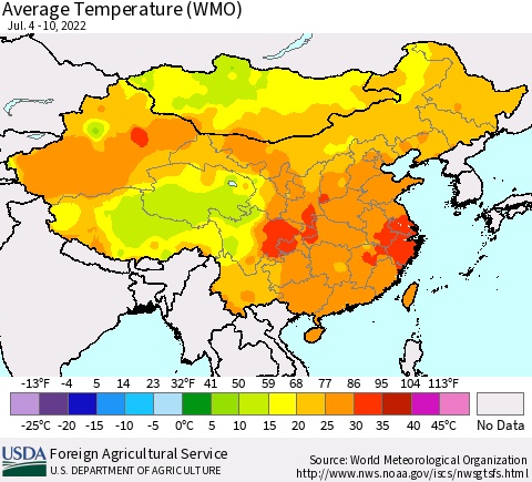 China, Mongolia and Taiwan Average Temperature (WMO) Thematic Map For 7/4/2022 - 7/10/2022