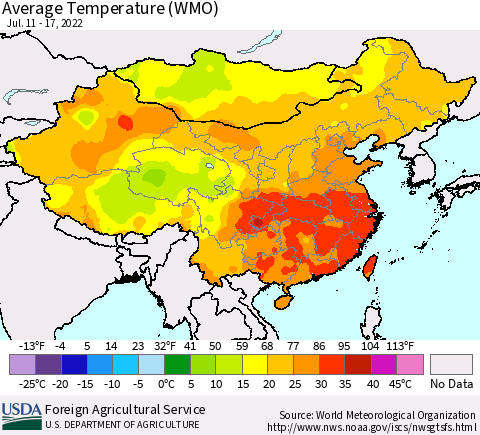 China, Mongolia and Taiwan Average Temperature (WMO) Thematic Map For 7/11/2022 - 7/17/2022
