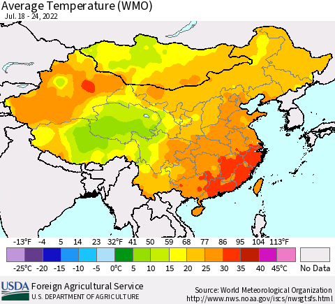 China, Mongolia and Taiwan Average Temperature (WMO) Thematic Map For 7/18/2022 - 7/24/2022