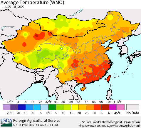 China, Mongolia and Taiwan Average Temperature (WMO) Thematic Map For 7/25/2022 - 7/31/2022