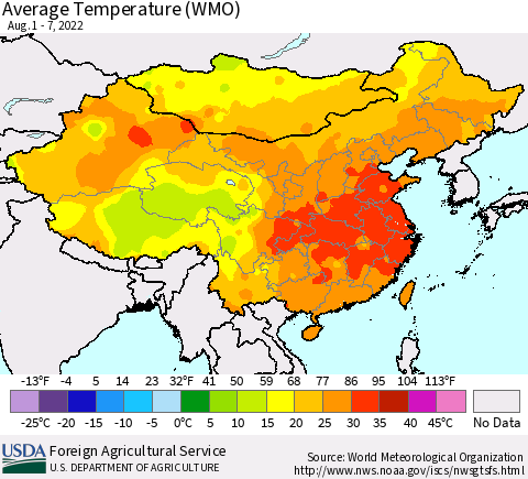 China, Mongolia and Taiwan Average Temperature (WMO) Thematic Map For 8/1/2022 - 8/7/2022