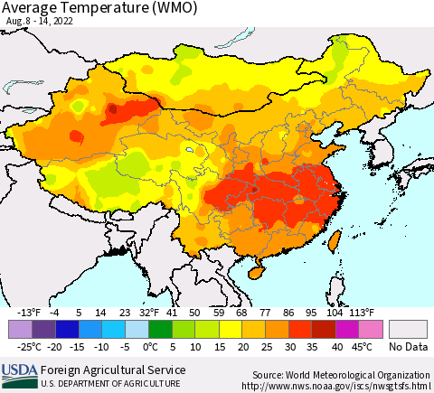 China, Mongolia and Taiwan Average Temperature (WMO) Thematic Map For 8/8/2022 - 8/14/2022