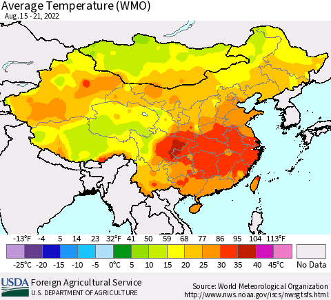 China, Mongolia and Taiwan Average Temperature (WMO) Thematic Map For 8/15/2022 - 8/21/2022