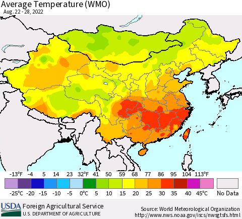 China, Mongolia and Taiwan Average Temperature (WMO) Thematic Map For 8/22/2022 - 8/28/2022