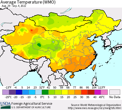 China, Mongolia and Taiwan Average Temperature (WMO) Thematic Map For 8/29/2022 - 9/4/2022