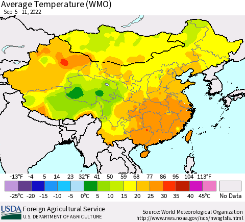 China, Mongolia and Taiwan Average Temperature (WMO) Thematic Map For 9/5/2022 - 9/11/2022