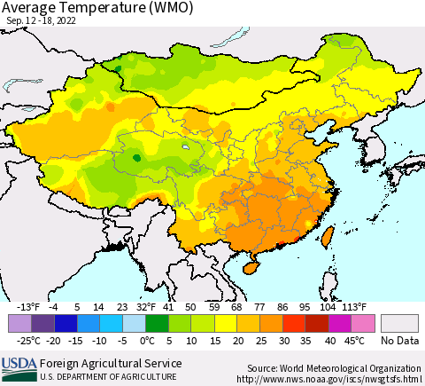 China, Mongolia and Taiwan Average Temperature (WMO) Thematic Map For 9/12/2022 - 9/18/2022