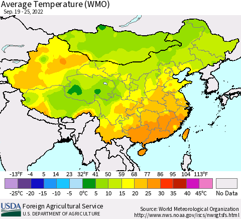 China, Mongolia and Taiwan Average Temperature (WMO) Thematic Map For 9/19/2022 - 9/25/2022