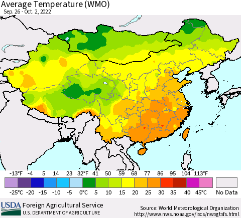 China, Mongolia and Taiwan Average Temperature (WMO) Thematic Map For 9/26/2022 - 10/2/2022