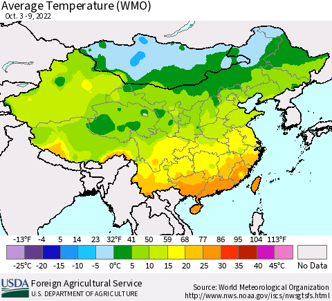 China, Mongolia and Taiwan Average Temperature (WMO) Thematic Map For 10/3/2022 - 10/9/2022