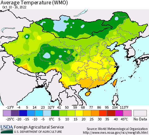 China, Mongolia and Taiwan Average Temperature (WMO) Thematic Map For 10/10/2022 - 10/16/2022