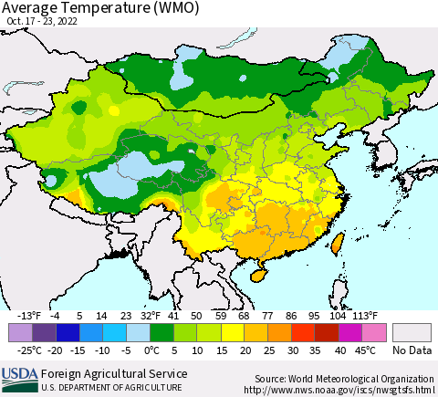 China, Mongolia and Taiwan Average Temperature (WMO) Thematic Map For 10/17/2022 - 10/23/2022