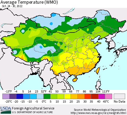 China, Mongolia and Taiwan Average Temperature (WMO) Thematic Map For 10/24/2022 - 10/30/2022