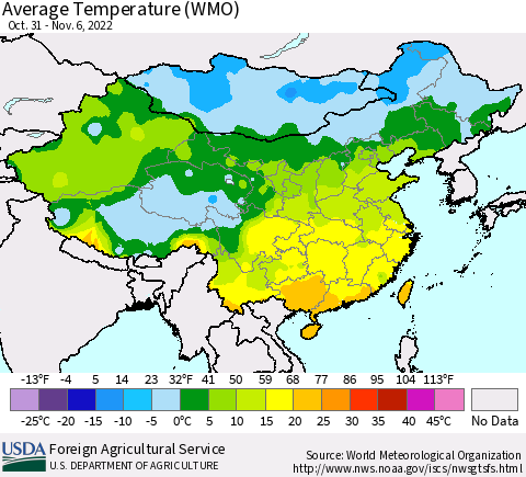 China, Mongolia and Taiwan Average Temperature (WMO) Thematic Map For 10/31/2022 - 11/6/2022