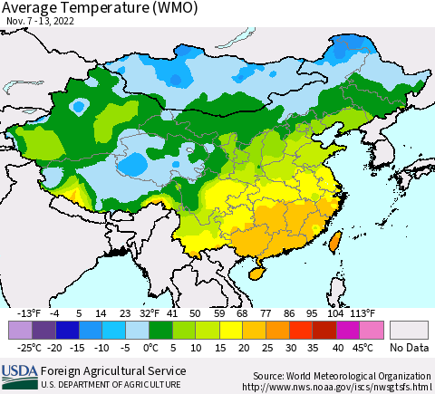 China, Mongolia and Taiwan Average Temperature (WMO) Thematic Map For 11/7/2022 - 11/13/2022