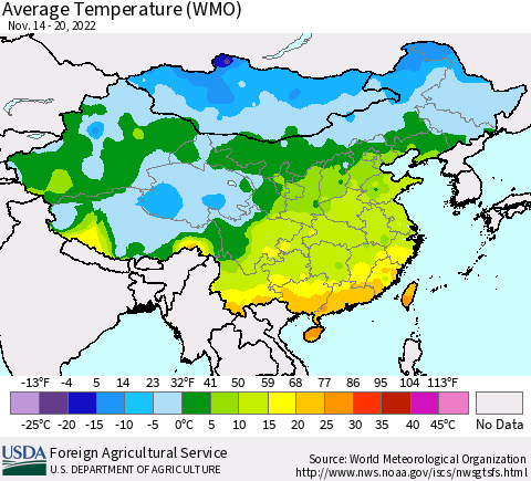 China, Mongolia and Taiwan Average Temperature (WMO) Thematic Map For 11/14/2022 - 11/20/2022