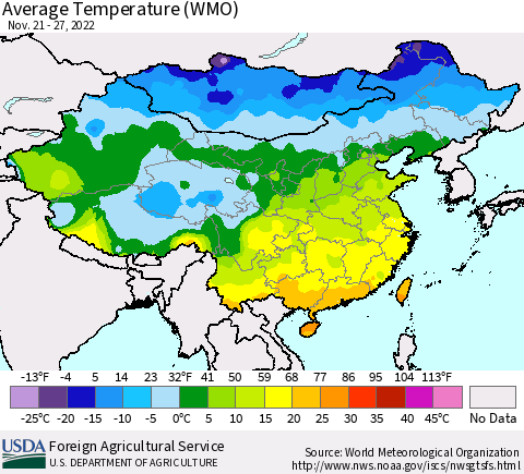 China, Mongolia and Taiwan Average Temperature (WMO) Thematic Map For 11/21/2022 - 11/27/2022