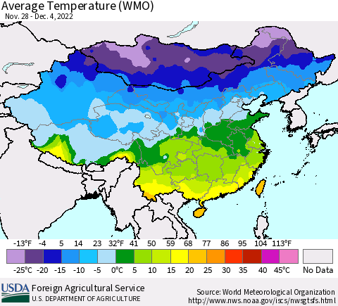 China, Mongolia and Taiwan Average Temperature (WMO) Thematic Map For 11/28/2022 - 12/4/2022