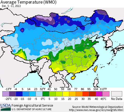 China, Mongolia and Taiwan Average Temperature (WMO) Thematic Map For 12/5/2022 - 12/11/2022