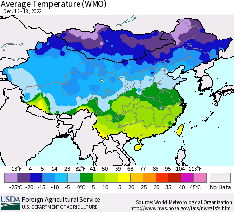 China, Mongolia and Taiwan Average Temperature (WMO) Thematic Map For 12/12/2022 - 12/18/2022