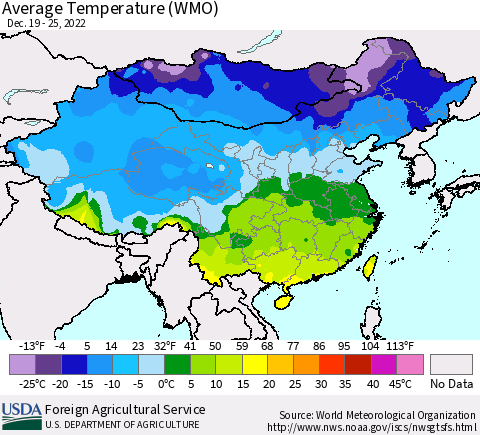 China, Mongolia and Taiwan Average Temperature (WMO) Thematic Map For 12/19/2022 - 12/25/2022