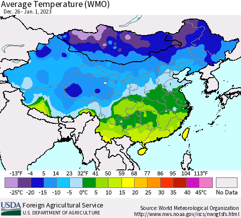 China, Mongolia and Taiwan Average Temperature (WMO) Thematic Map For 12/26/2022 - 1/1/2023