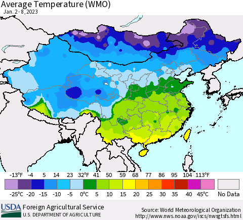 China, Mongolia and Taiwan Average Temperature (WMO) Thematic Map For 1/2/2023 - 1/8/2023