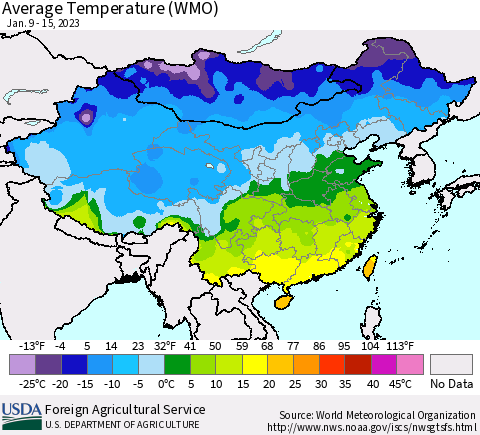 China, Mongolia and Taiwan Average Temperature (WMO) Thematic Map For 1/9/2023 - 1/15/2023