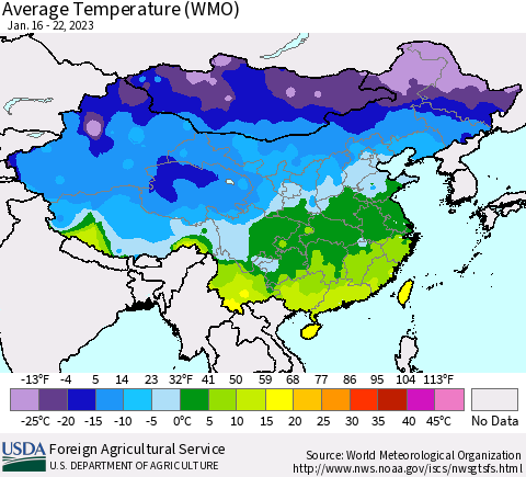 China, Mongolia and Taiwan Average Temperature (WMO) Thematic Map For 1/16/2023 - 1/22/2023