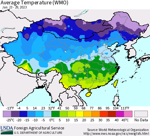 China, Mongolia and Taiwan Average Temperature (WMO) Thematic Map For 1/23/2023 - 1/29/2023
