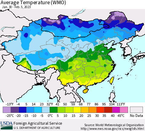 China, Mongolia and Taiwan Average Temperature (WMO) Thematic Map For 1/30/2023 - 2/5/2023