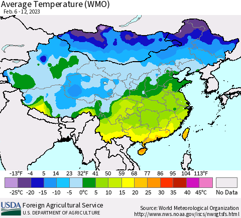 China, Mongolia and Taiwan Average Temperature (WMO) Thematic Map For 2/6/2023 - 2/12/2023