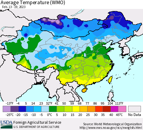 China, Mongolia and Taiwan Average Temperature (WMO) Thematic Map For 2/13/2023 - 2/19/2023