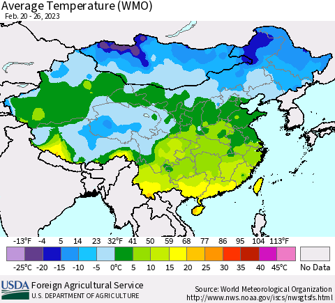 China, Mongolia and Taiwan Average Temperature (WMO) Thematic Map For 2/20/2023 - 2/26/2023