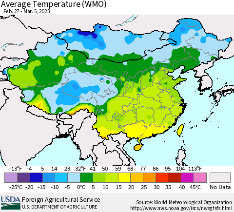 China, Mongolia and Taiwan Average Temperature (WMO) Thematic Map For 2/27/2023 - 3/5/2023