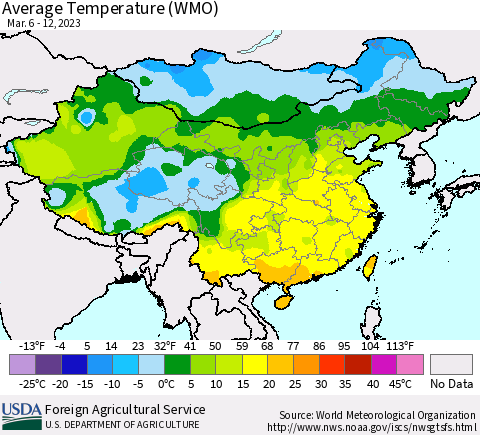 China, Mongolia and Taiwan Average Temperature (WMO) Thematic Map For 3/6/2023 - 3/12/2023
