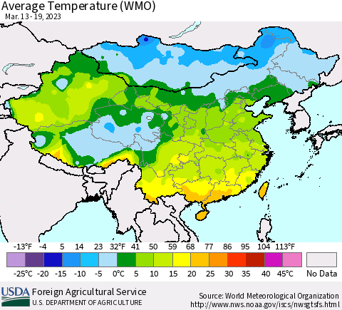 China, Mongolia and Taiwan Average Temperature (WMO) Thematic Map For 3/13/2023 - 3/19/2023