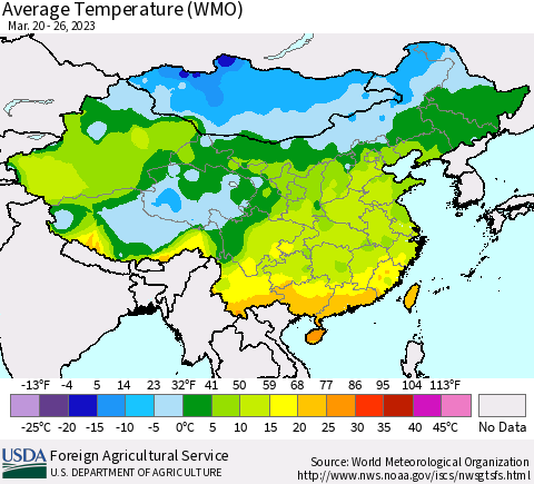 China, Mongolia and Taiwan Average Temperature (WMO) Thematic Map For 3/20/2023 - 3/26/2023