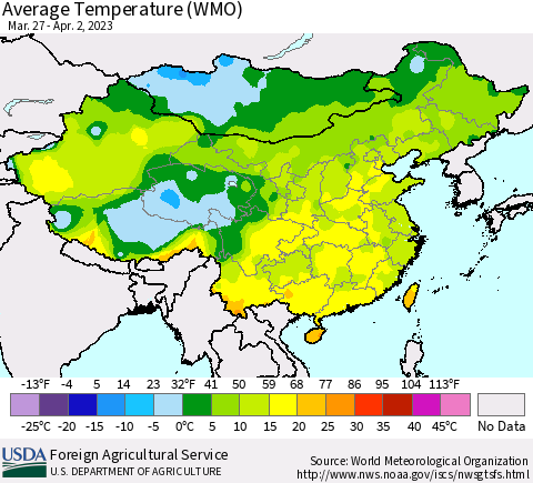 China, Mongolia and Taiwan Average Temperature (WMO) Thematic Map For 3/27/2023 - 4/2/2023