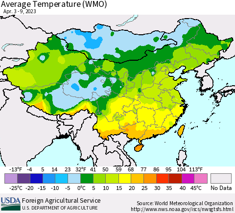 China, Mongolia and Taiwan Average Temperature (WMO) Thematic Map For 4/3/2023 - 4/9/2023