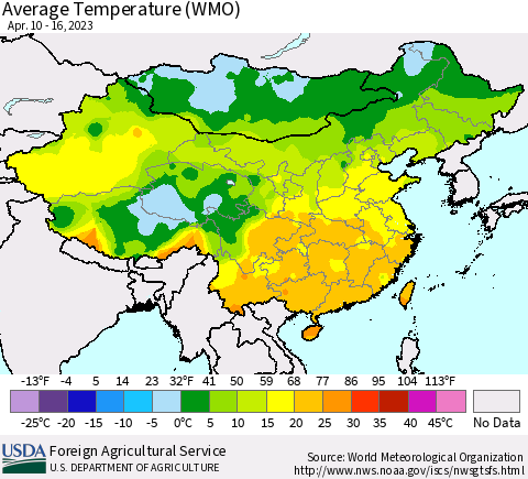 China, Mongolia and Taiwan Average Temperature (WMO) Thematic Map For 4/10/2023 - 4/16/2023