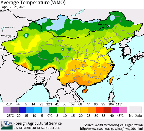 China, Mongolia and Taiwan Average Temperature (WMO) Thematic Map For 4/17/2023 - 4/23/2023