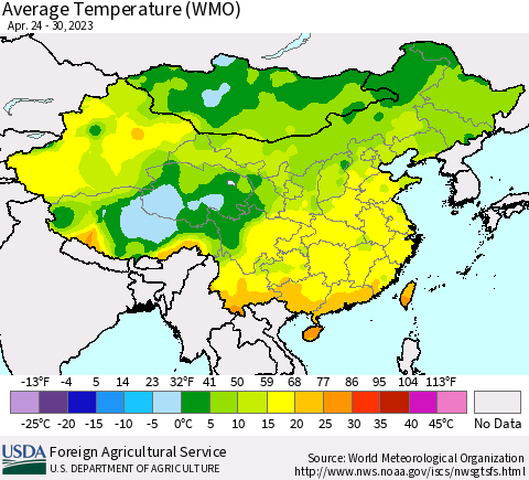 China, Mongolia and Taiwan Average Temperature (WMO) Thematic Map For 4/24/2023 - 4/30/2023