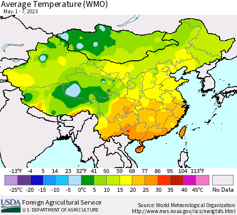 China, Mongolia and Taiwan Average Temperature (WMO) Thematic Map For 5/1/2023 - 5/7/2023