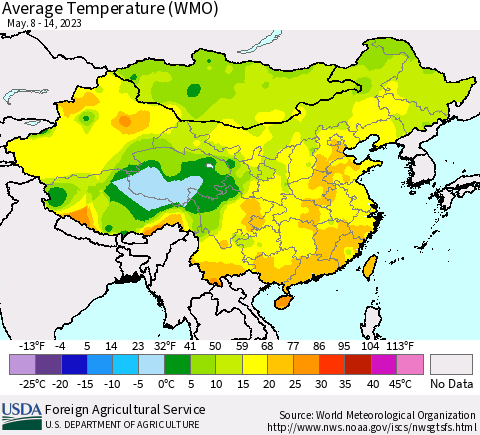 China, Mongolia and Taiwan Average Temperature (WMO) Thematic Map For 5/8/2023 - 5/14/2023