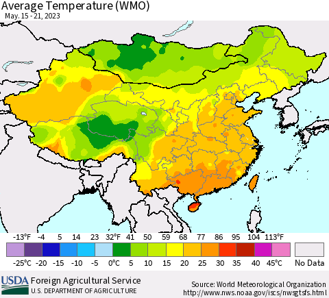 China, Mongolia and Taiwan Average Temperature (WMO) Thematic Map For 5/15/2023 - 5/21/2023